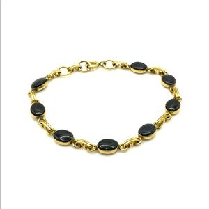 Vintage Estate 12K Gold FILLED Oval Authentic Black Onyx Link Bracelet 7.5"